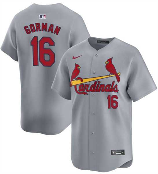 Mens St. Louis Cardinals #16 Nolan Gorman Gray 2024 Away Limited Stitched Baseball Jersey Dzhi->st.louis cardinals->MLB Jersey